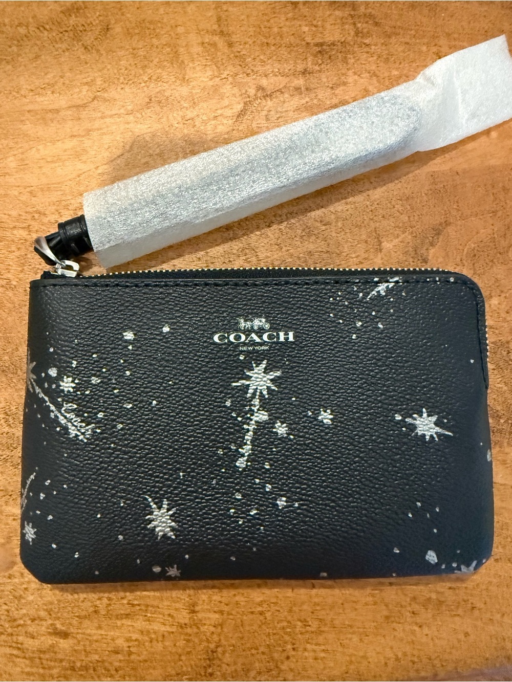 NWT Coach Black Leather Star Print Zip Pouch